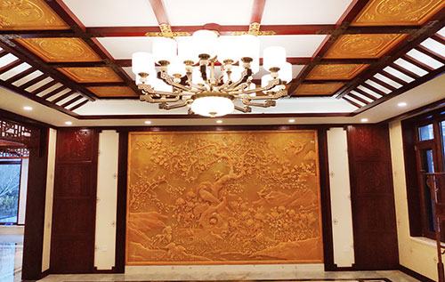 大厂中式别墅客厅中式木作横梁吊顶装饰展示